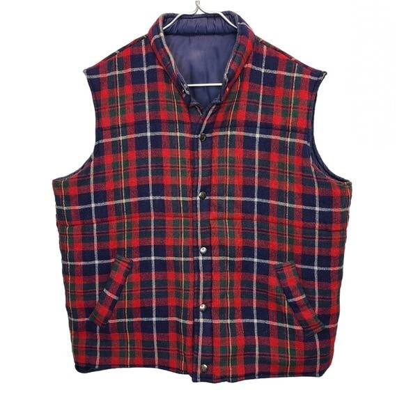 Men's Arrow Red Plaid Blue Reversible Wool Vest L - Picture 1 of 13